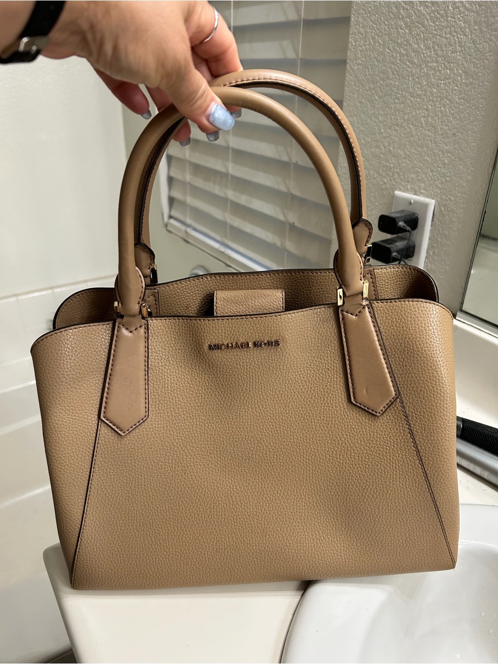 Michael Kors Large Pebbled Leather Satchel Tote Taupe Beige Gold Hardware